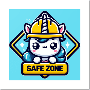 Kawaii unicorn in hardhat safe zone Posters and Art